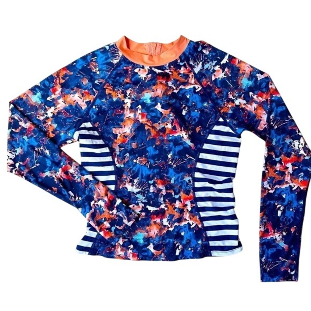 Tart Swim Womens Abstract Floral Striped Rash Guard Blue Orange Size M
